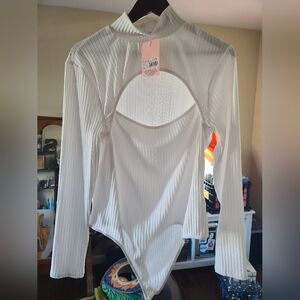 White Ribbed Long Sleeve Bodysuit